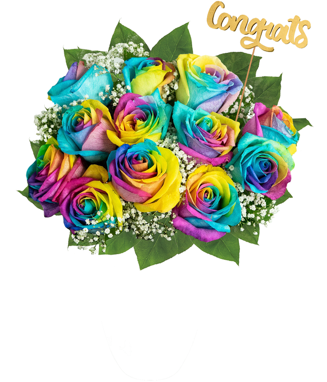 Partial image of Congrats! One Dozen Tie Dye Roses without vase