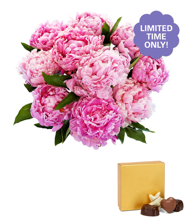 Partial image of Pretty Pink Peonies with Chocolates without vase.