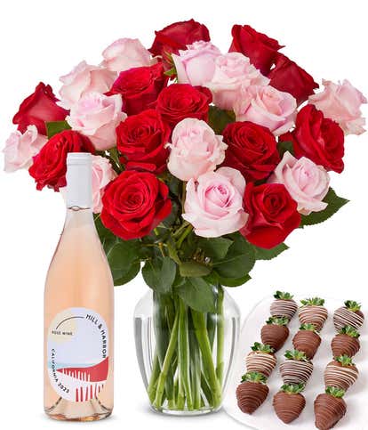 Pink & Red Roses, Ros&eacute; Wine, and Chocolate Dipped Strawberries