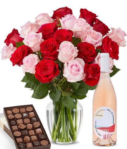 Pink & Red Roses, Ros&eacute; Wine, and Gourmet Assorted Chocolate Box