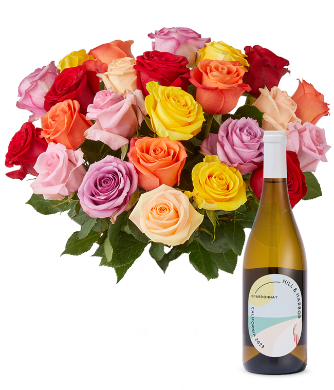 Partial image of Two Dozen Rainbow Roses with White Wine without vase.