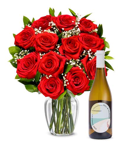 One Dozen Red Roses with White Wine