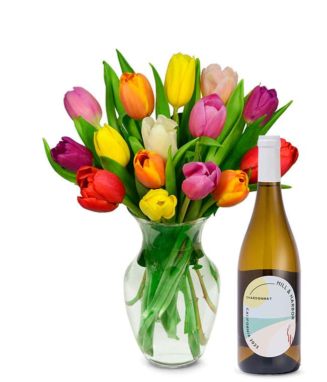 Rainbow Tulip Bouquet with White Wine