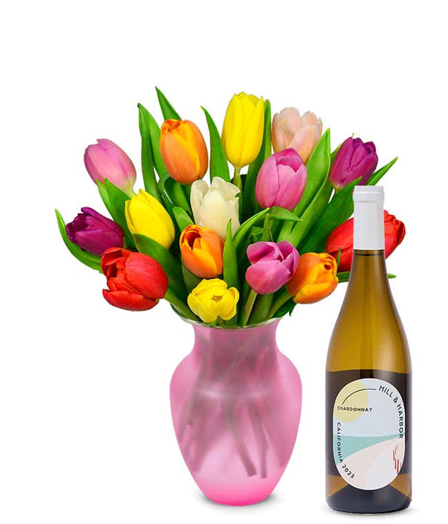 Rainbow Tulip Bouquet with White Wine