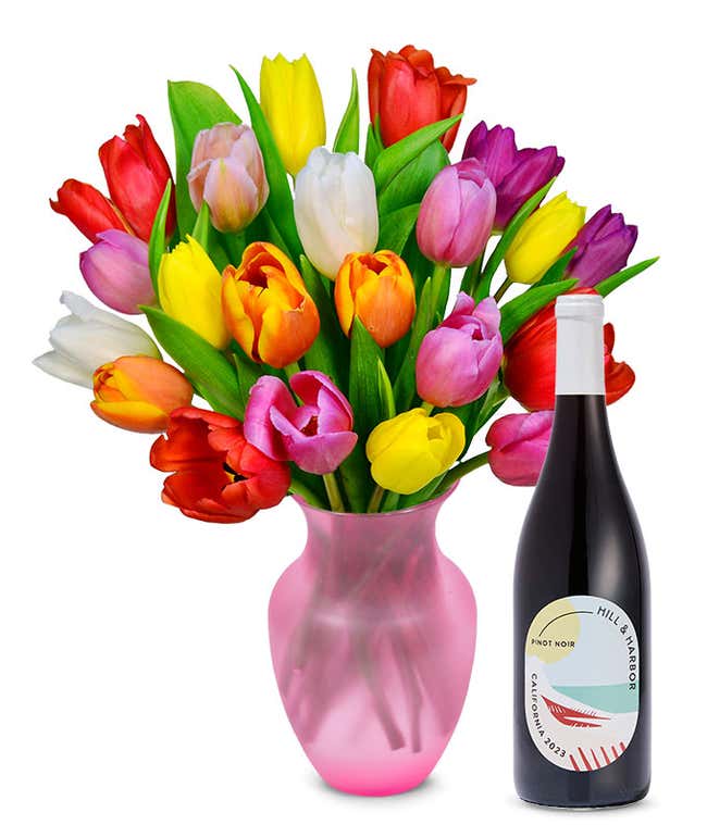 Premium Rainbow Tulip Bouquet with Red Wine