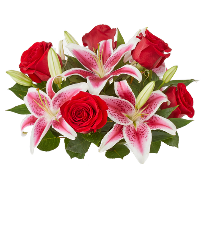 Partial image of Red rose and pink stargazer lily bouquet without vase.