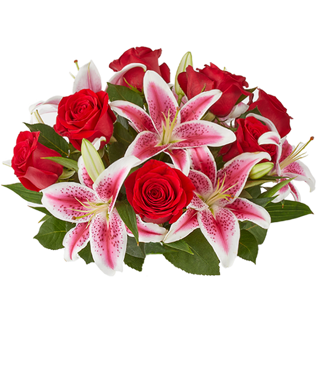Partial image of Red roses arranged with pink stargazer lilies without vase.