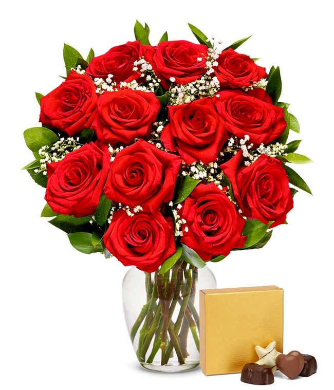 One dozen valentine's red roses with chocolates