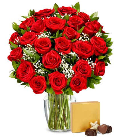 Two Dozen Red Roses with Chocolates