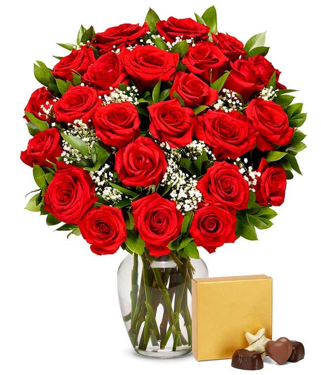 Two dozen red Valentine's roses delivered with chocolates