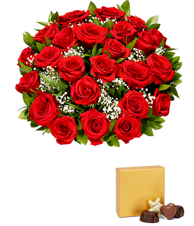 Partial image of Two dozen red Valentine's roses delivered with chocolates without vase.