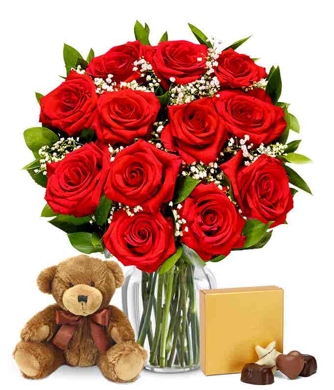One Dozen Red Roses with Chocolates & Bear 