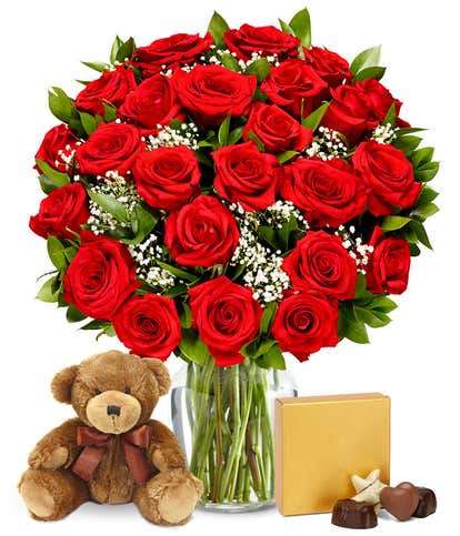 Two Dozen Long Stemmed Red Roses with Chocolates & Bear