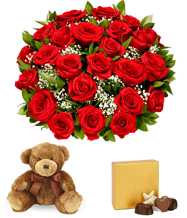 Partial image of Two dozen red roses delivered with teddy bear and chocolates without vase