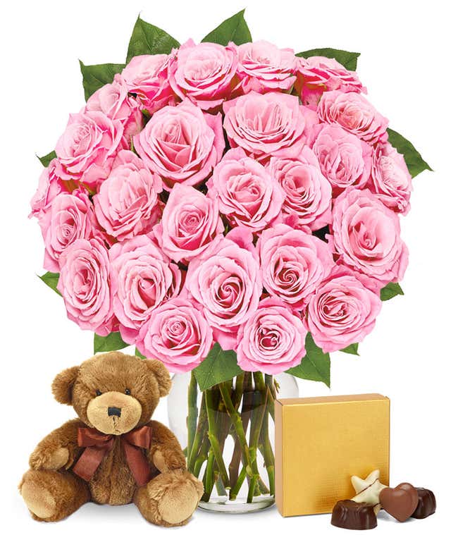 Two dozen pink roses delivered for Valentine with bear and chocolates