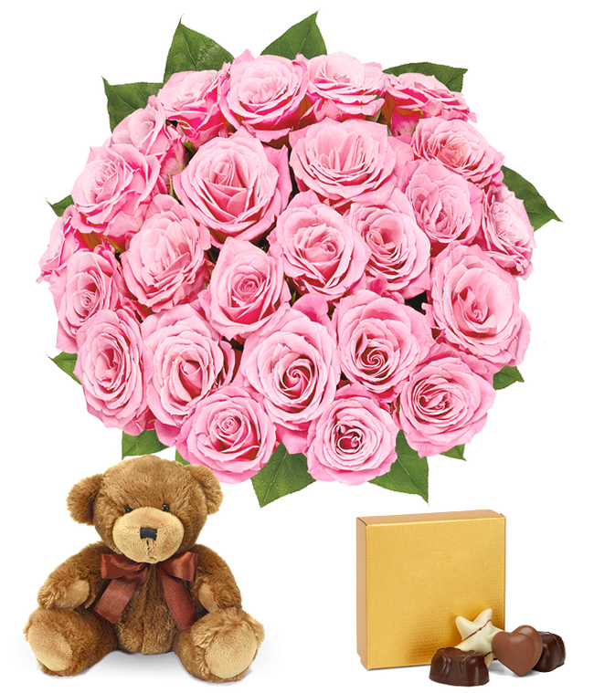 Partial image of Two dozen pink roses delivered for Valentine with bear and chocolates without vase