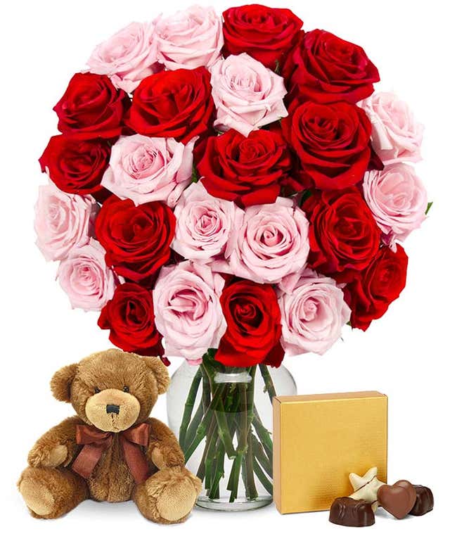 Unique Valentine's gift with two dozen pink &amp; red roses delivered  with teddy bear and chocolates