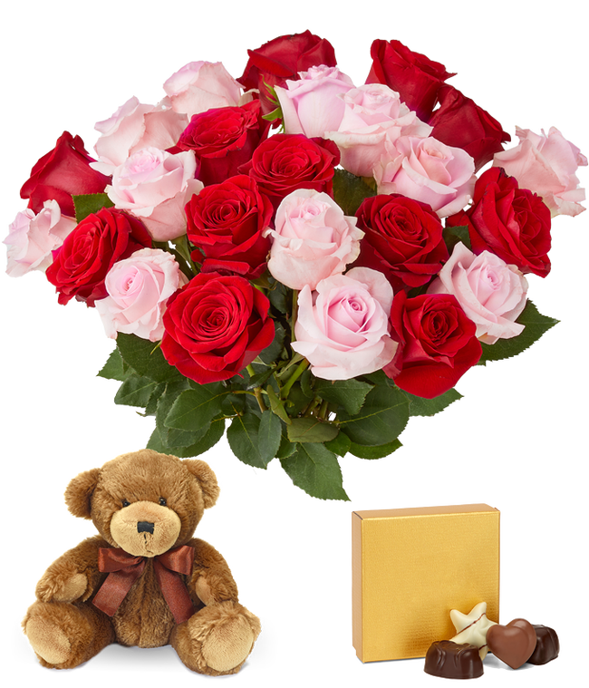 Partial image of Unique Valentine's gift with two dozen pink &amp; red roses delivered  with teddy bear and chocolates without vase