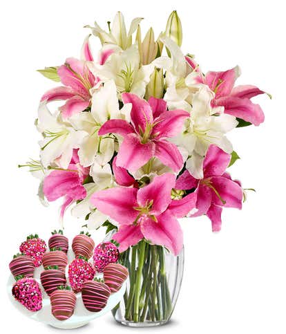 Pink & White Lilies with Chocolate Berries