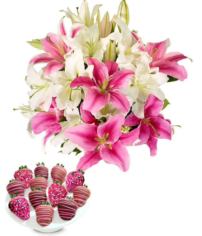 Partial image of A bouquet featuring pink lilies and white lilies, with an optional glass vase and Chocolate Covered Strawberries without vase.