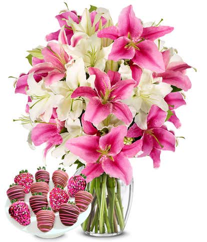 Premium Pink & White Lilies with Chocolate Berries