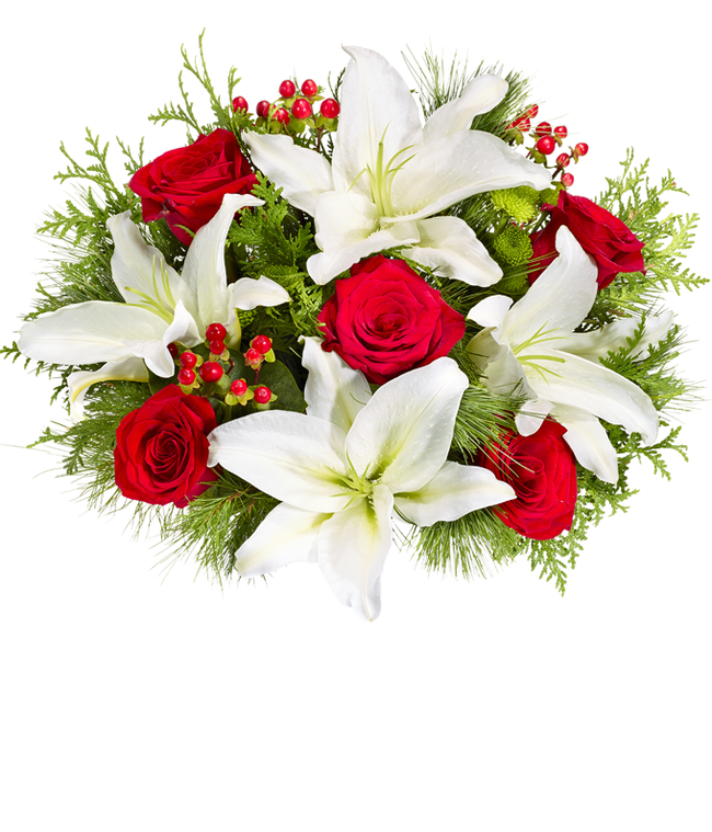 Partial image of Hill &amp; Harbor California Chardonnay (750 mL), accompanied by red roses, white lilies, red hypericum berries, and seasonal greens. without vase.