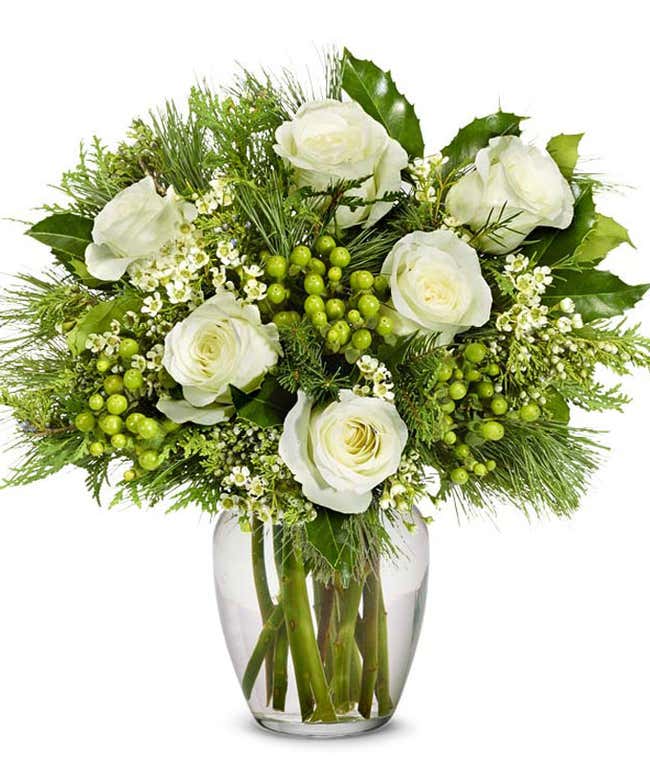 White roses and green berries arranged with evergreens in a vase, creating a serene and elegant floral composition.