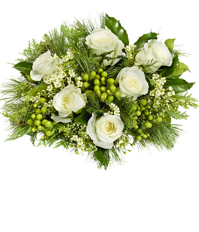 Partial image of White roses and green berries arranged with evergreens in a vase, creating a serene and elegant floral composition. without vase.