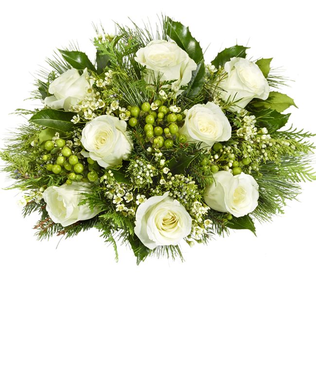 Partial image of Elegant bouquet featuring white roses, green berries, and assorted greenery, arranged in a clear glass vase. The mix of lush foliage and delicate flowers creates a fresh and sophisticated display. without vase.