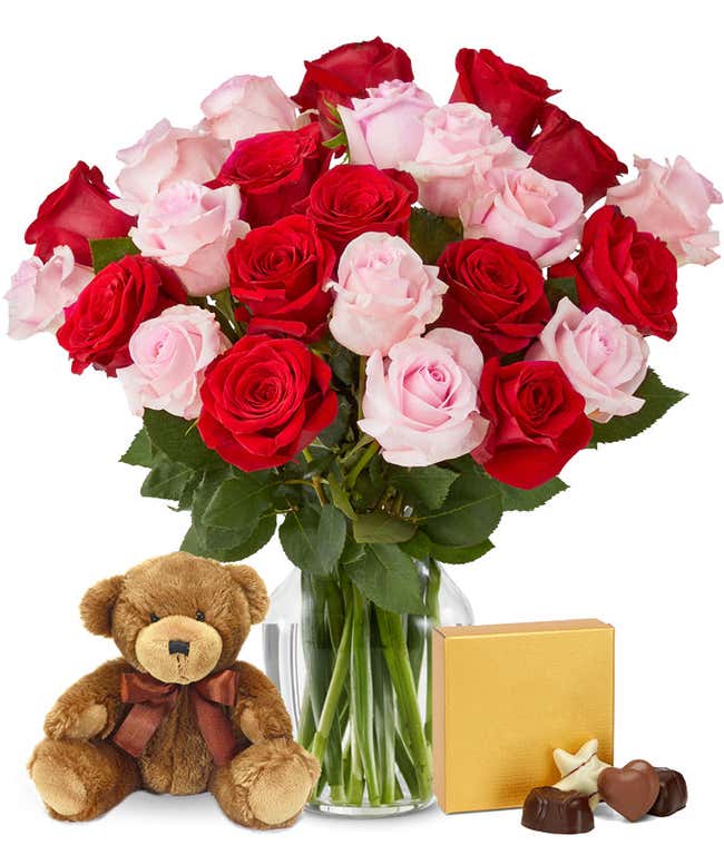 Two Dozen Red and Pink Roses + Chocolates + Bear