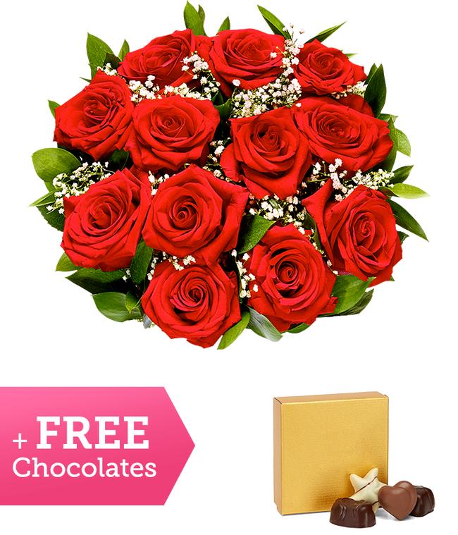 Partial image of One Dozen Red Roses with Baby's Breath and Chocolates without vase