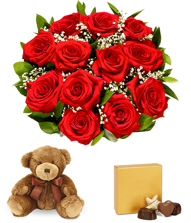 Partial image of dozen red roses delivered with chocolate and a teddy bear without vase