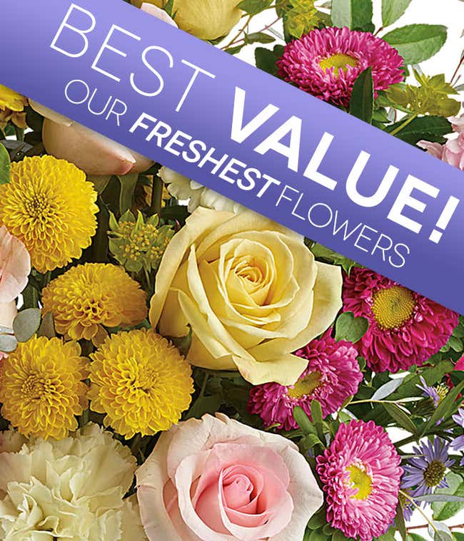 A close up image of yellow and pink roses, carnations, asters, poms, with green leaves and purple filler flowers. Text across says 