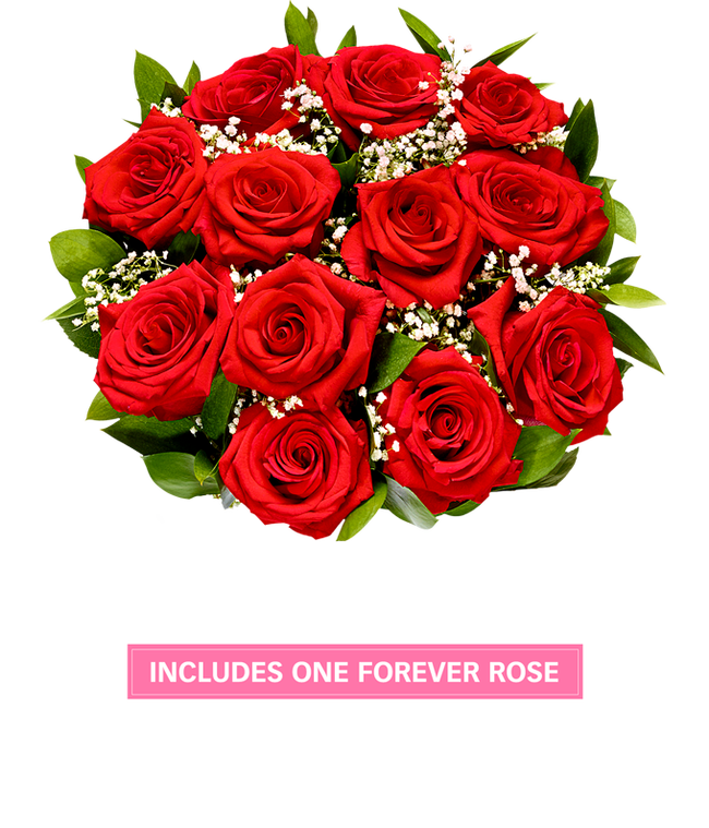 Partial image of One Dozen Red Roses in a clear glass vase without vase.