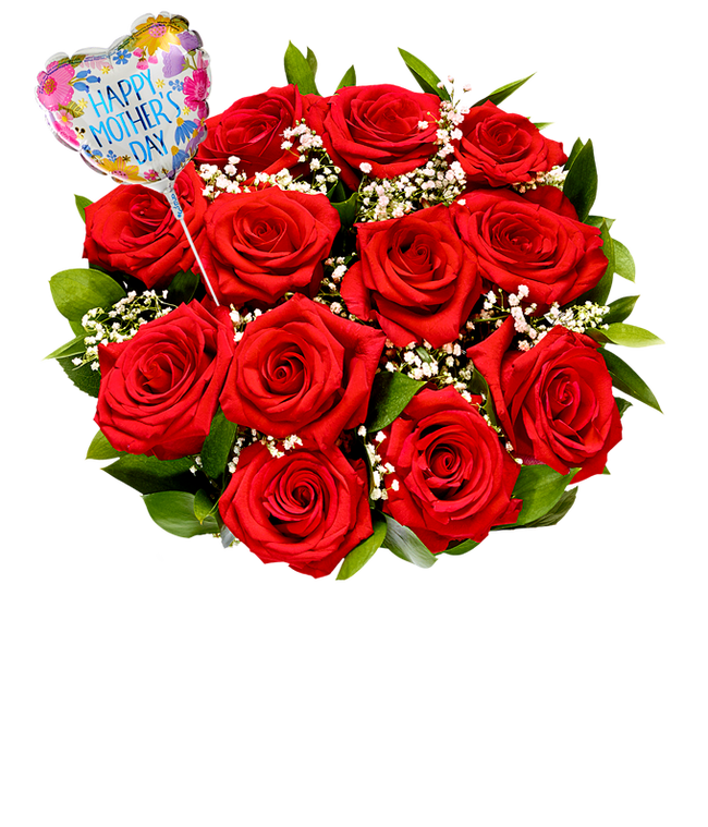 Partial image of One dozen red roses with pops of greenery and white baby's breath in a clear glass vase with a pink and red heart shaped balloon reading happy mother's day without vase.