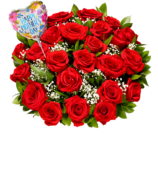 Partial image of Two dozen red roses with pops of greenery and white baby's breath in a clear glass vase with a pink and red heart shaped balloon reading happy mother's day.  without vase.