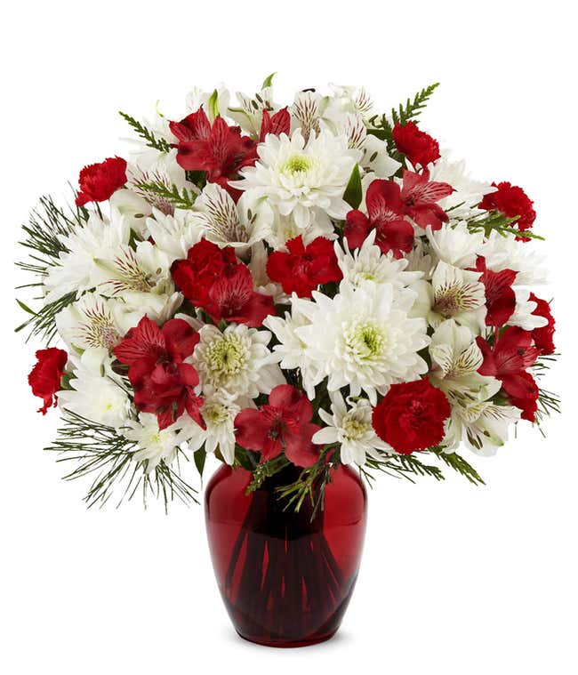 An arrangement featuring white alstroemeria, red alstroemeria, white cushion spray mums, red mini carnations, assorted Christmas greens, with an optional glass vase, ideal for adding festive charm and elegance.