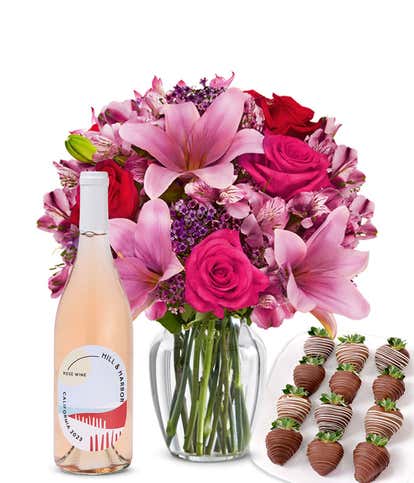 Roses & Lilies, Ros&eacute; Wine, and Chocolate-Dipped Strawberries