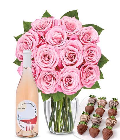 One Dozen Pink Roses, Ros&eacute;, and Chocolate Dipped Strawberries