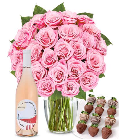 Two Dozen Pink Roses, Ros&eacute;, and Chocolate Dipped Strawberries