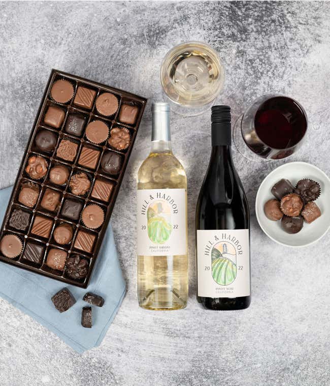 Red Wine, White Wine &amp; Gourmet Chocolates Gift Box