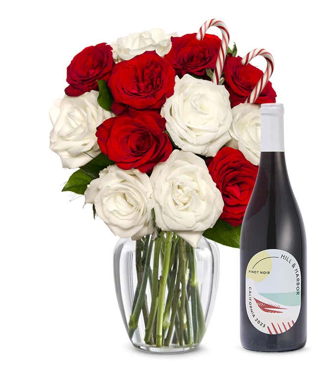 Sweet Candy Cane Rose Bouquet with Red Wine
