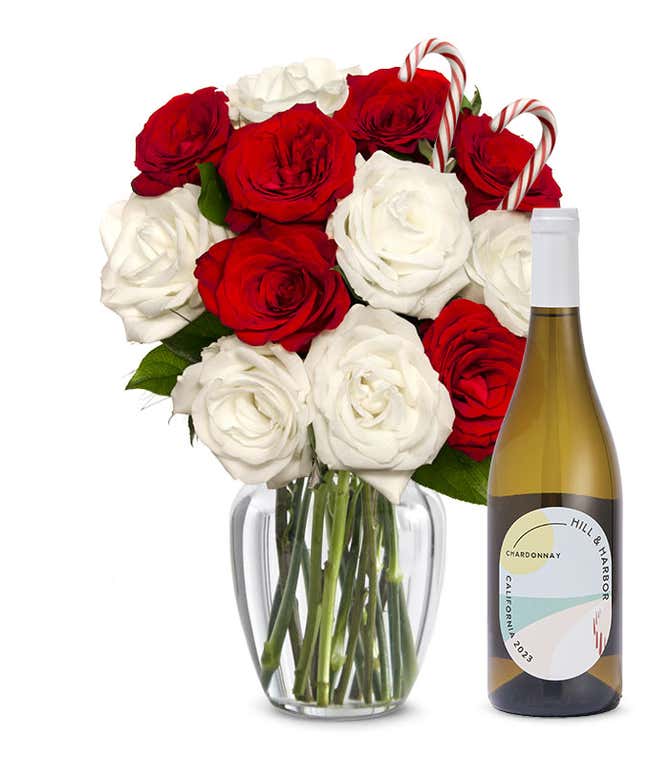 Sweet Candy Cane Rose Bouquet with White Wine