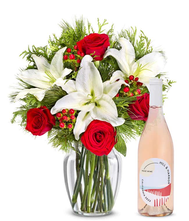 Classic Christmas Lily Bouquet with Ros&eacute; Wine
