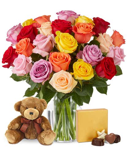 Two Dozen Rainbow Roses with Chocolates & Bear