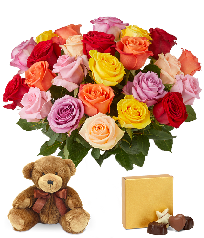 Partial image of Two Dozen Mixed Valentine's Day Roses with Chocolates and a Bear without vase