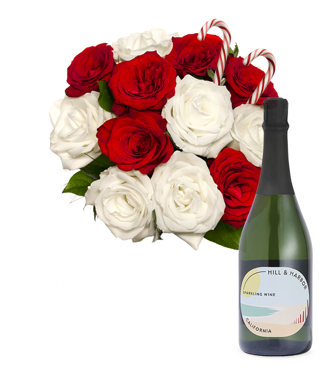 Partial image of Sweet Candy Cane Rose Bouquet with Sparkling Wine without vase.