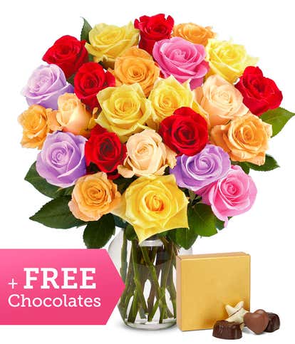 Two Dozen Rainbow Roses with Free Chocolates