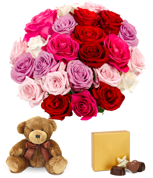 Two Dozen Assorted Sweetheart Roses with Chocolates &amp; Bear