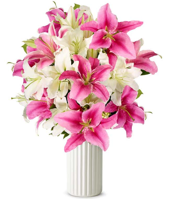 Premium Pink Lilies and White Lilies in Glass Vase